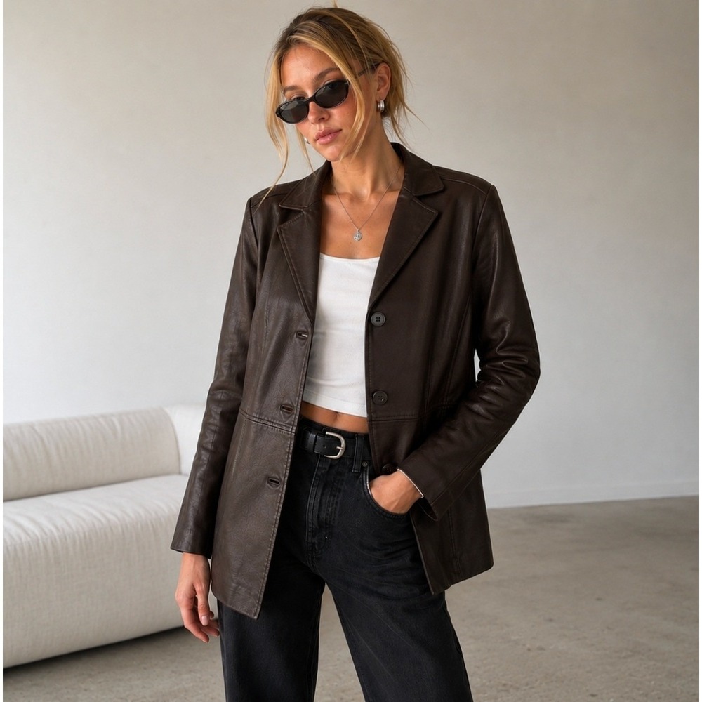 Vintage Petite Medium Y2K Brown Leather Jacket Minimalist Clean Girl Grunge Emo